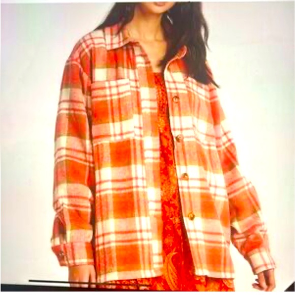 Charlie Holiday NWT Wool-blend Flannel Preston Shacket/PeachCheck Oversized 8/10 - Picture 1 of 9